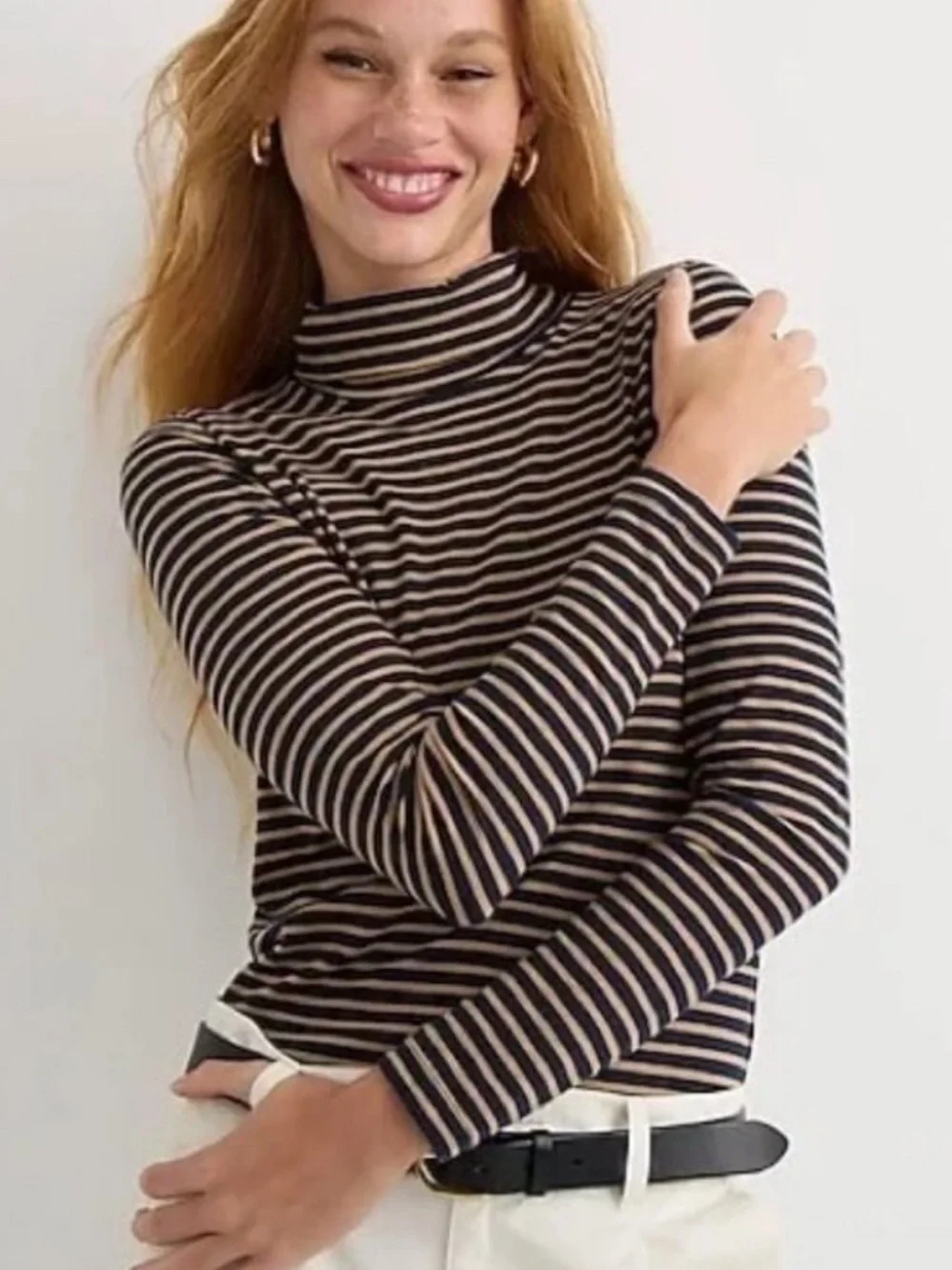J. Crew Tissue Turtleneck Striped Shirt Tan Navy Blue Women’s Medium